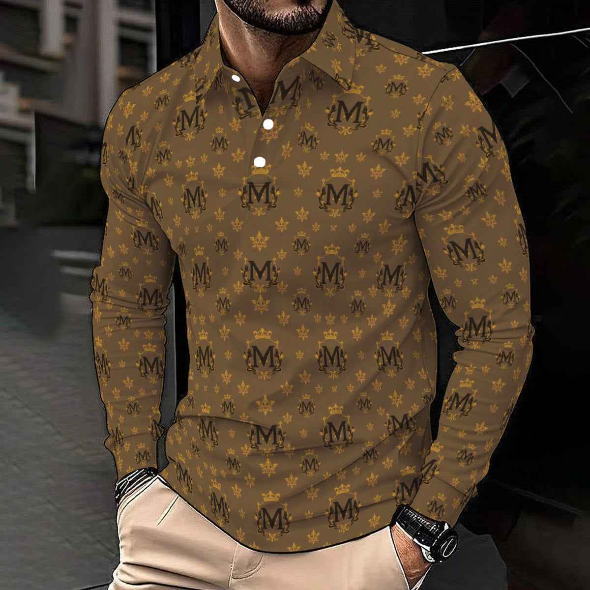 All-Over Print Men's Polo Shirt With Long Sleeve