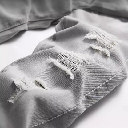 Men's Light Gray Ripped Straight Pants Denim