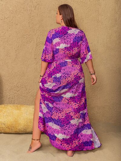 Plus Size Slit Printed Half Sleeve Maxi Dress - Munsieur