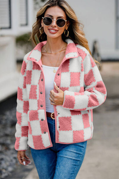 Checkered Snap Down Long Sleeve Teddy Jacket - Munsieur