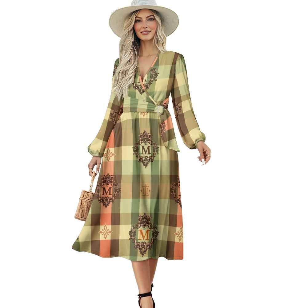 V-Neck Long Sleeve Tie Waist Midi Dress