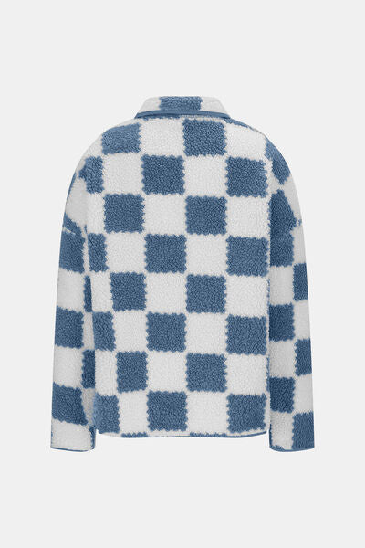 Checkered Snap Down Long Sleeve Teddy Jacket - Munsieur