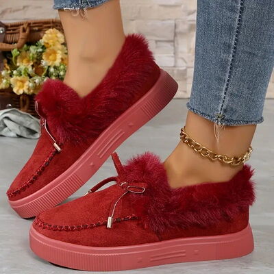 Bow Furry Round Toe Flat Slip-Ons - Munsieur