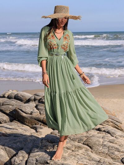 Embroidered Polka Dot Tie Neck Long Sleeve Midi Dress - Munsieur