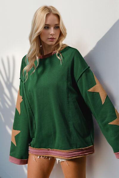 Double Take Star Patched Long Sleeve Sweatshirt for Style - Munsieur
