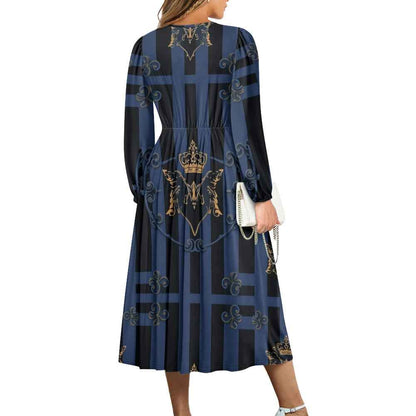 V-Neck Long Sleeve Tie Waist Midi Dress