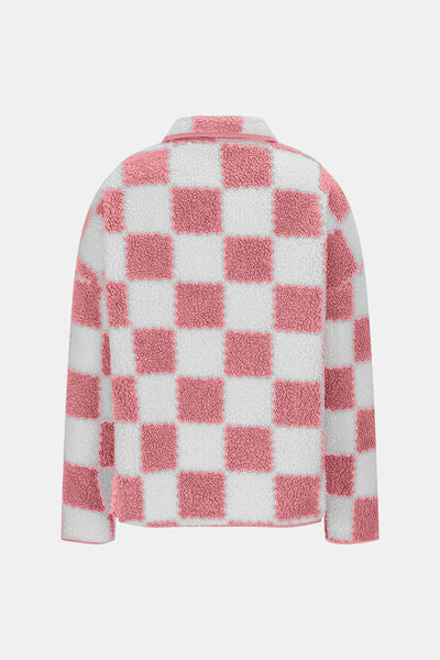 Checkered Snap Down Long Sleeve Teddy Jacket - Munsieur