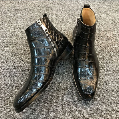 Men PU Leather Striders, Side Zipper, Pattern, Business Casual Style, Classic, Fashion, HL109