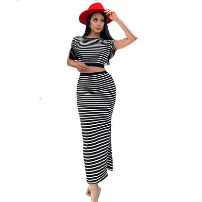 Women's Skirt Set Sunken Stripe Casual Striped Backless Top Slim-fit Skirt Set