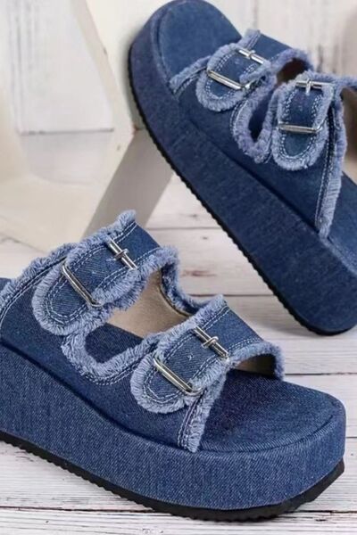 Raw Hem Wedge Buckle Sandals - Munsieur