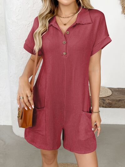 Button Detail Collared Neck Short Sleeve Romper - Munsieur