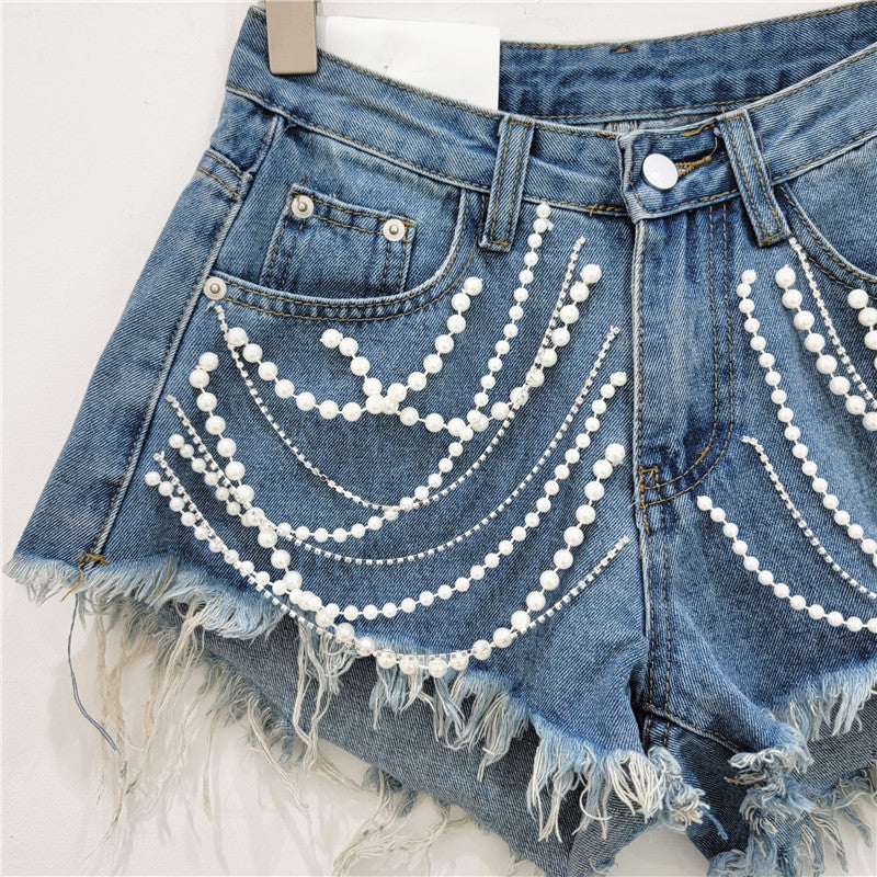 **Sale** Denim Bottoms Women's Summer High Waist Slimming Rhinestone Drip