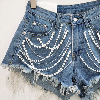 Denim Bottoms Women's Summer High Waist Slimming Rhinestone Drip