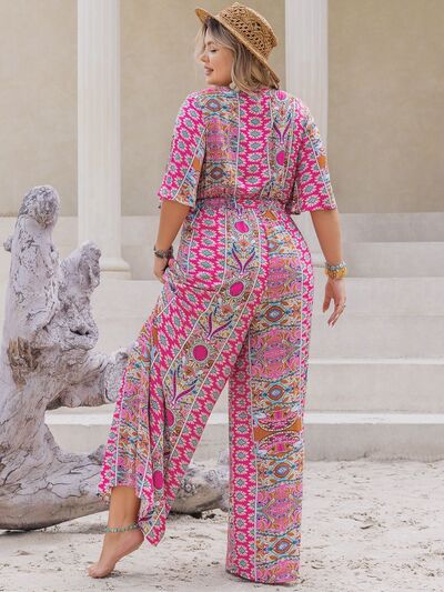 Plus Size Printed Half Sleeve Wide Leg Jumpsuit - Munsieur