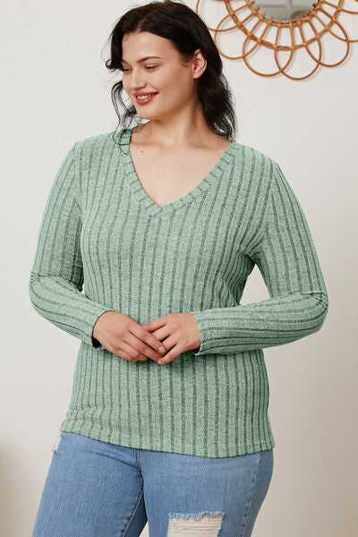 Full Size Ribbed V-Neck Long Sleeve T-Shirt - Munsieur