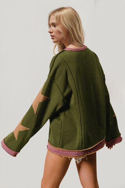Double Take Star Patched Long Sleeve Sweatshirt for Style - Munsieur