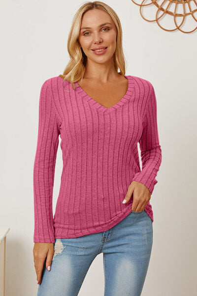 Full Size Ribbed V-Neck Long Sleeve T-Shirt - Munsieur