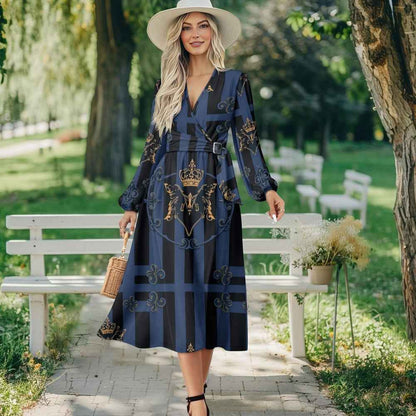 V-Neck Long Sleeve Tie Waist Midi Dress