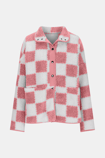 Checkered Snap Down Long Sleeve Teddy Jacket - Munsieur