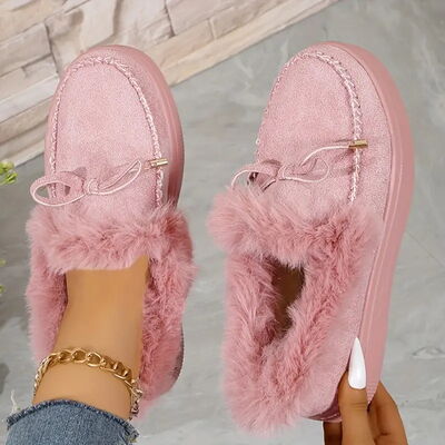 Bow Furry Round Toe Flat Slip-Ons - Munsieur