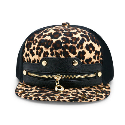 Hip-Hop Leopard Print Zipper Leather Flat Brim Hat