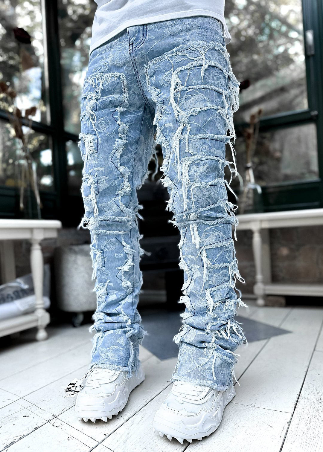Men's Patched Pants Long Tight Fit Stacked Pants For Men