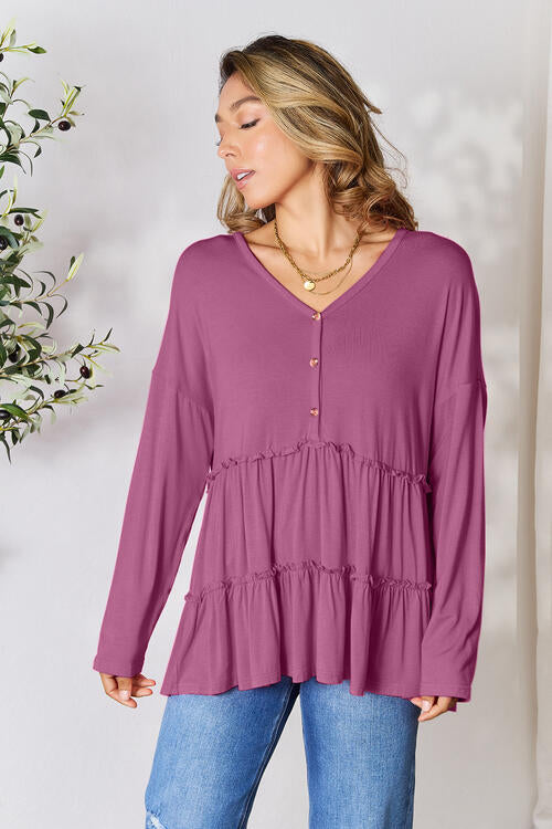 Double Take Half Button Long Sleeve Ruffle Hem Blouse - Munsieur