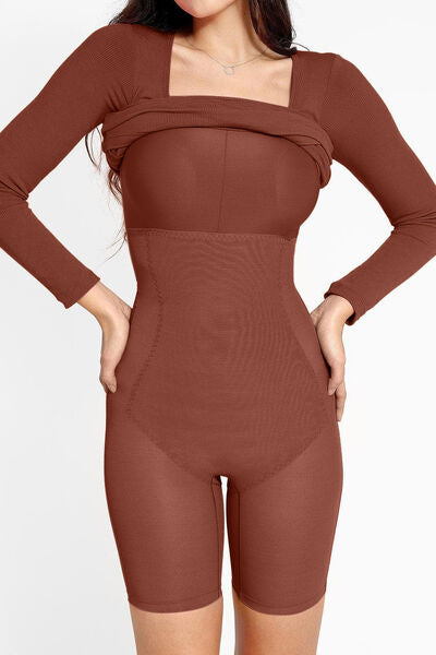 Full Size Built-In Shapewear Square Neck Long Sleeve Dress - Munsieur