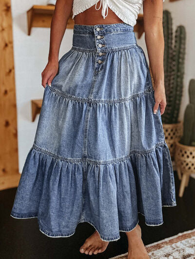 Tiered Button-Fly Denim Skirt - Munsieur