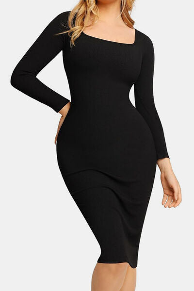 Full Size Built-In Shapewear Square Neck Long Sleeve Dress - Munsieur