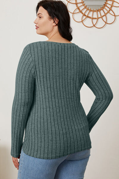 Full Size Ribbed V-Neck Long Sleeve T-Shirt - Munsieur