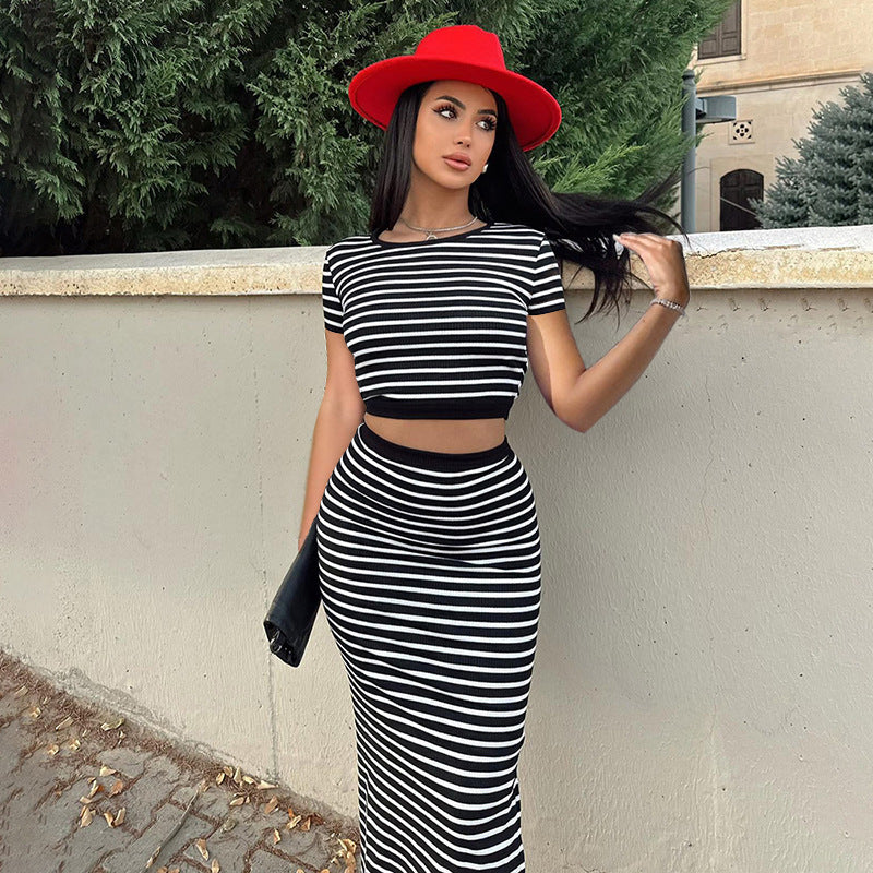 Women's Skirt Set Sunken Stripe Casual Striped Backless Top Slim-fit Skirt Set