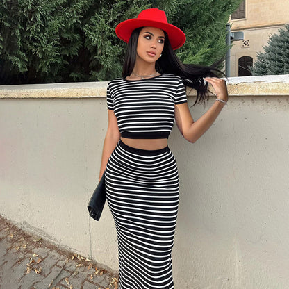 Women's Skirt Set Sunken Stripe Casual Striped Backless Top Slim-fit Skirt Set