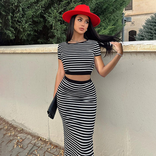 Women's Skirt Set Sunken Stripe Casual Striped Backless Top Slim-fit Skirt Set