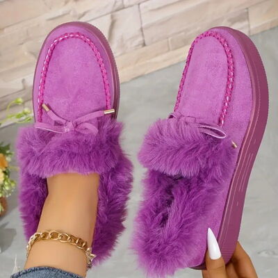 Bow Furry Round Toe Flat Slip-Ons - Munsieur