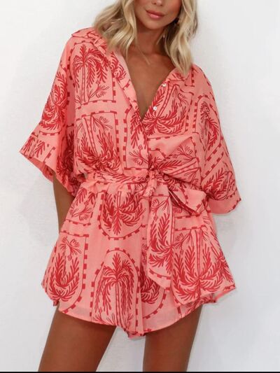 Printed Tie Waist Half Sleeve Romper - Munsieur