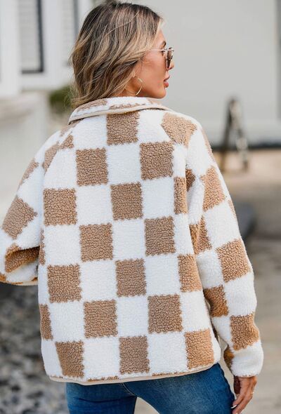 Checkered Snap Down Long Sleeve Teddy Jacket - Munsieur