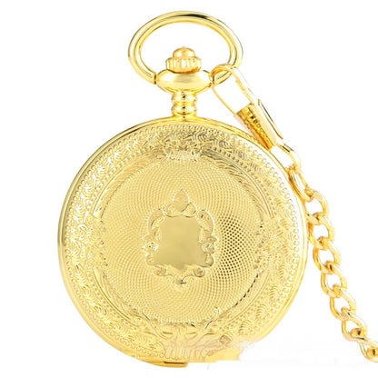Gold Double-sided Carved Shield Manual Manipulator Pocket Watch