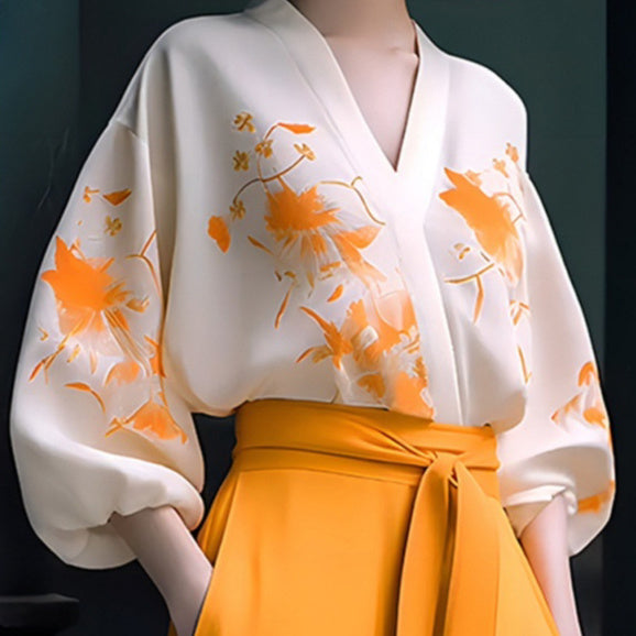 Women's Fashionable Retro High-end Slimming Wear Flab Hiding Blouse Wide-leg Bodysuit Two-piece Set Women