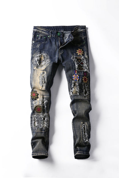 Fashion Retro Embroidery Ripped Pants