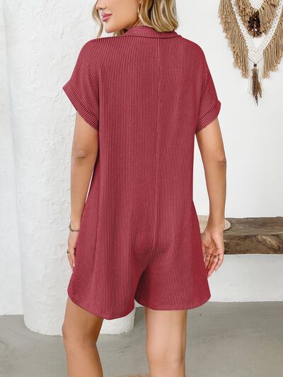 Button Detail Collared Neck Short Sleeve Romper - Munsieur