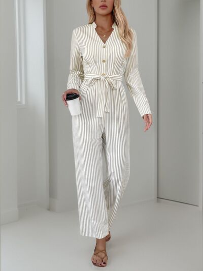 Striped Notched Long Sleeve Tie Waist Jumpsuit - Munsieur