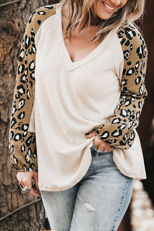 Plus Size Leopard V-Neck Raglan Sleeve Blouse - Munsieur