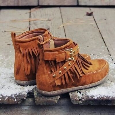 Fringe Studded Suede Flat Boots - Munsieur