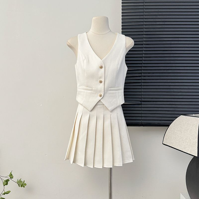 Women's Skirt Set + Blouse Summer High Waist Pleated Skirt Two-piece Skirt Set for Women