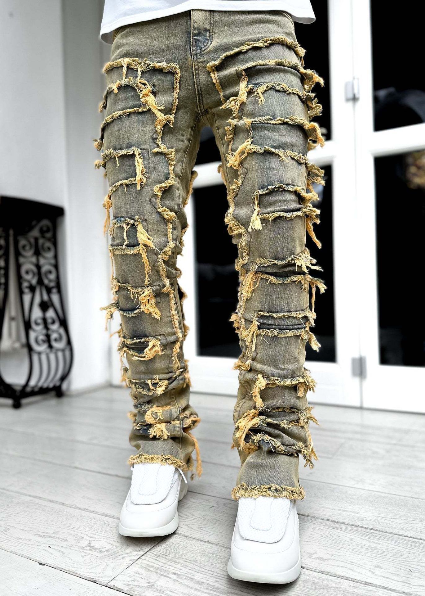 Men's Patched Pants Long Tight Fit Stacked Pants For Men