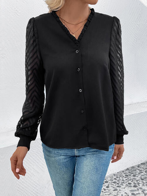 Perfee Mesh V-Neck Button Front Blouse - Munsieur