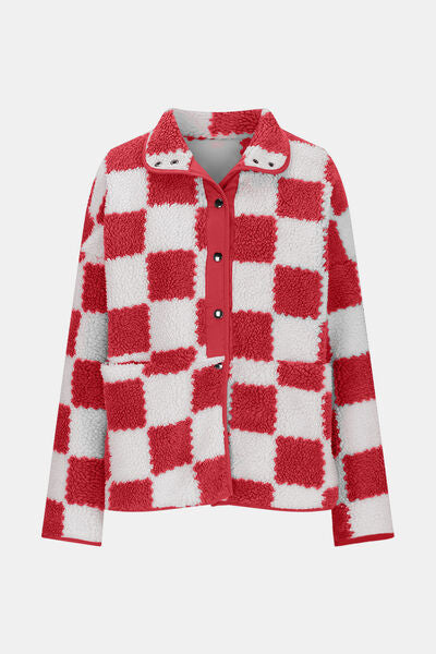 Checkered Snap Down Long Sleeve Teddy Jacket - Munsieur