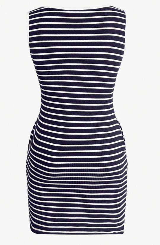 Casual Round Keyhole Pockets Striped Fitted Knit Dress