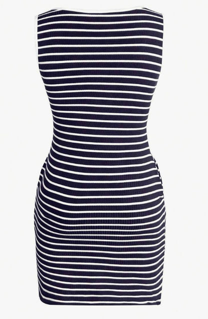 Casual Round Keyhole Pockets Striped Fitted Knit Dress
